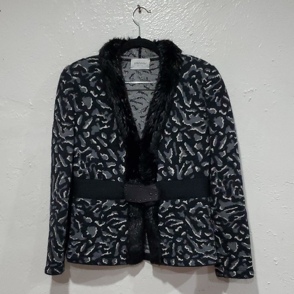 Stizzoli Black and Gray Wool & Mohair Sweater With Genuine Fur & Real Leather